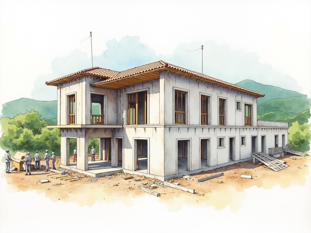 Montaje del prototipo: el pórtico de acero sismorresistente y, ya aplicada, la envolvente encalada con teja y balcón